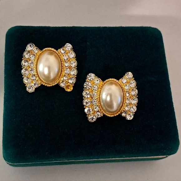Vintage Gold and Rhinestone Pearl Pave Earrings - Picture 5 of 5